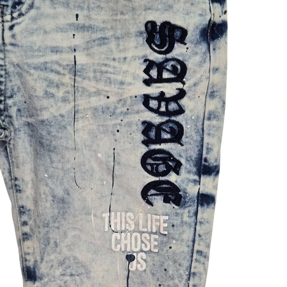 Rock Salt Boys Acid Wash Distressed Savage Graphic Denim Shorts Light Blue SZ 14